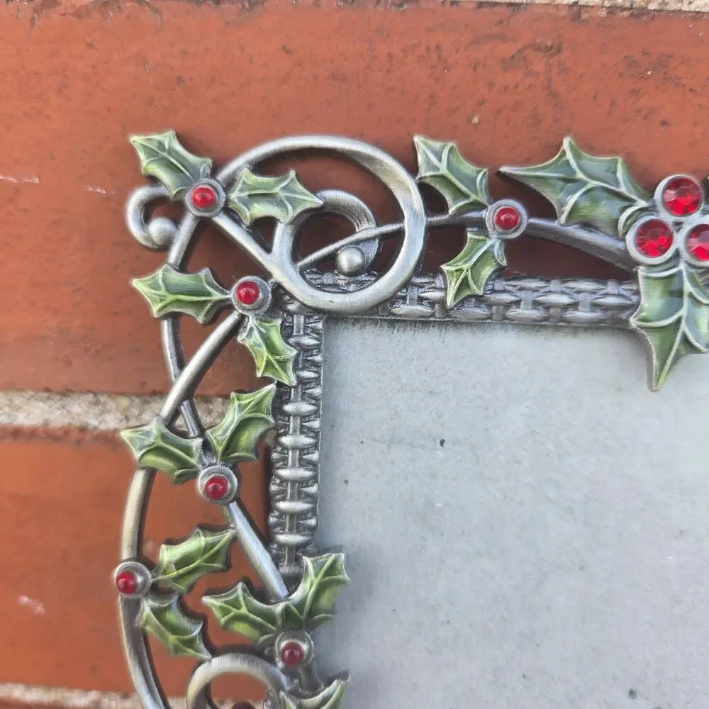 Ornate Metal Holly Berry 4x6 Picture Frame Christmas Red Rhinestone Decor